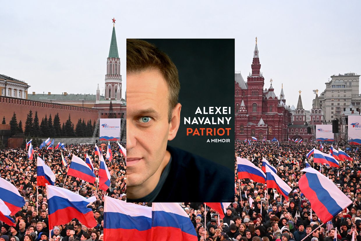 A collage of Navalny’s 'Patriot' cover and a rally celebrating 10 years since Russia’s Crimea annexation at Red Square