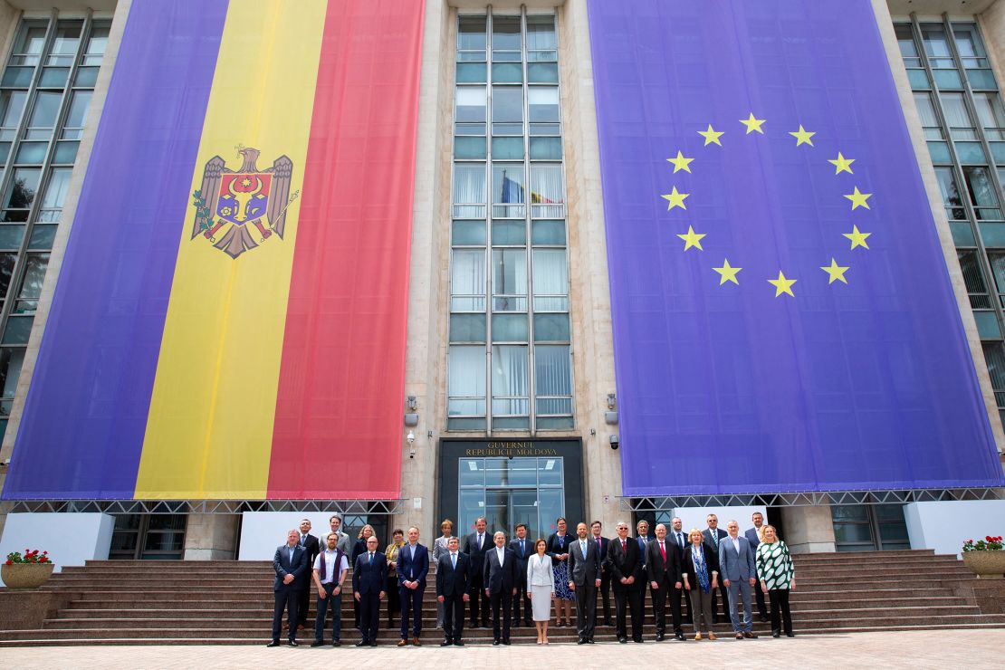 President Maia Sandu stands with EU officials to celebrate Europe Day in Chisinau, May 9, 2024.