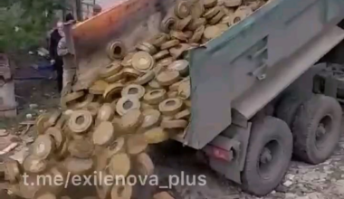 Ukrainians unloading a truck full of anti-tank mines