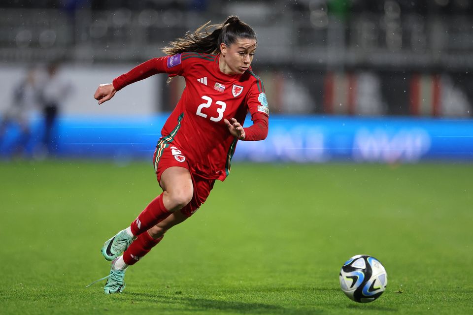 WREXHAM, WALES - APRIL 05: Ffion Morgan of Wales in action during the UEFA Women's European Qualifier match between Wales and Croatia on April 05, 2024 in Wrexham, Wales. (Photo by Jan Kruger/Getty Images)