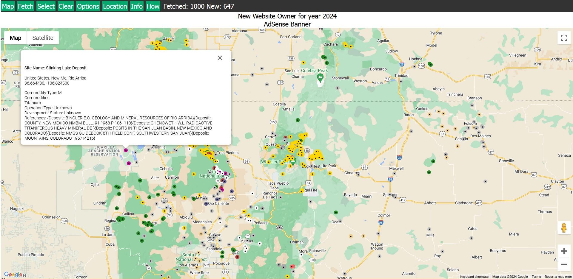 [OC] Where minerals have been found, via the MRDS databases. Minerals to fetch may be selected by the user. Rock samples can be included, showing age estimates and error bars. This is via my website. Will show known mineral sites based on browser location when enabled.