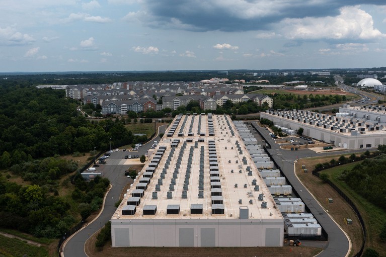 An aerial view of the IAD71 Amazon Web Services data center in Ashburn, Virginia.