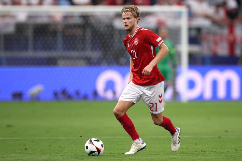 FRANKFURT AM MAIN, GERMANY - JUNE 20: Morten Hjulmand of Denmark controls the ball during the UEFA EURO 2024 group stage match between Denmark and England at Frankfurt Arena on June 20, 2024 in Frankfurt am Main, Germany. (Photo by Alex Grimm/Getty Images)