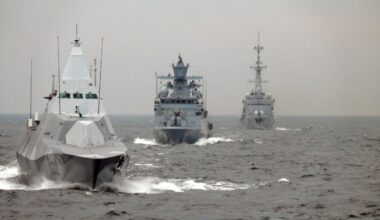 A Swedish and a German corvette and a French frigate during exercise Northern Coasts 2019 in the Baltic Sea.