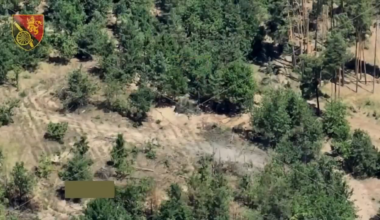 Drone footage provided by the Ukrainian 45th Artillery Brigade shows attacks on Russian artillery and ammunition depots.