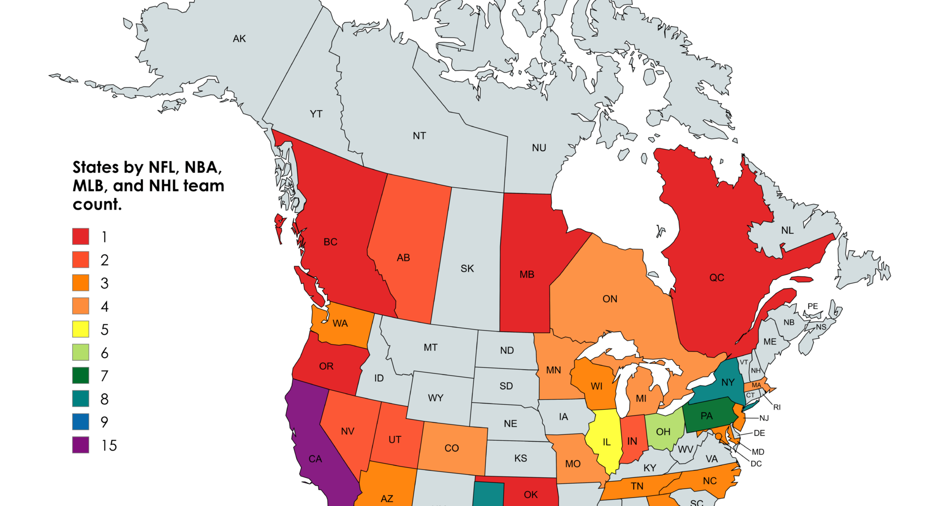 [OC] U.S. States and Canadian Provinces by amount of Big 4 sports teams but I am competent this time, my source will be in my comment.