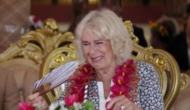 Camilla laughing at Samoa dancers