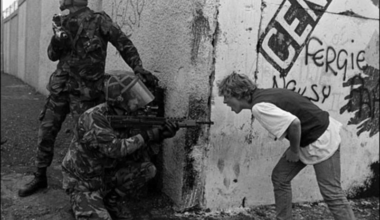 A young Northern Irish man shouts in the face of British soldier during The Troubles. (Date unknown)