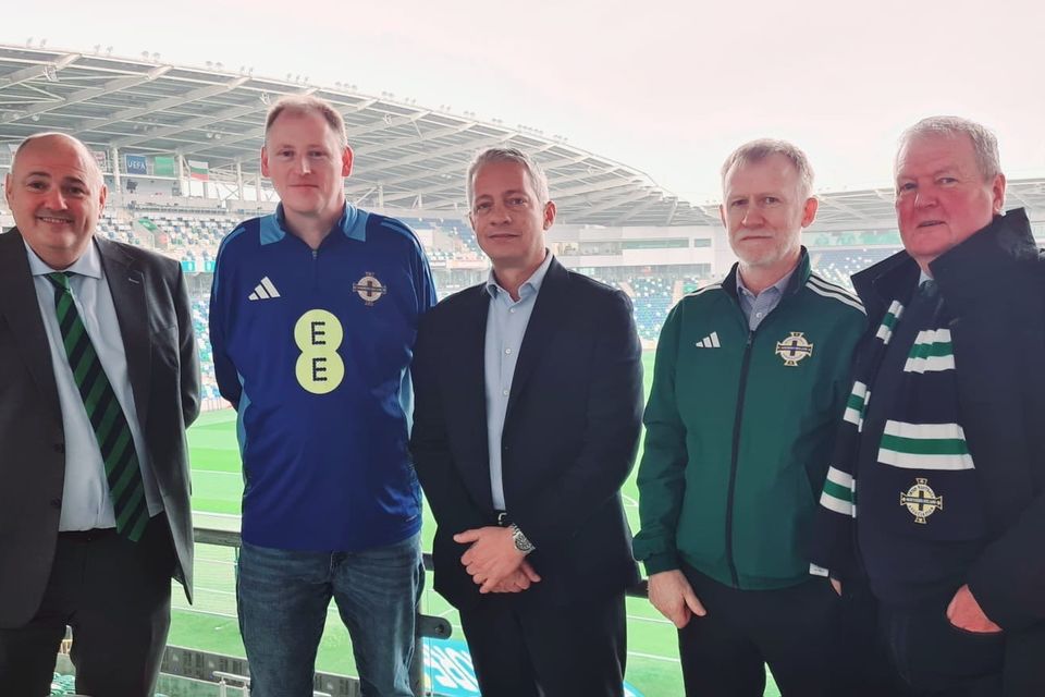 Irish FA president Conrad Kirkwood, Gary McAllister, Chairman of the Amalgamation of Official Northern Ireland Supporters’ Clubs (AONISC) and fans met with Thierry Favre, the Uefa Deputy Director for National Associations at Windsor Park