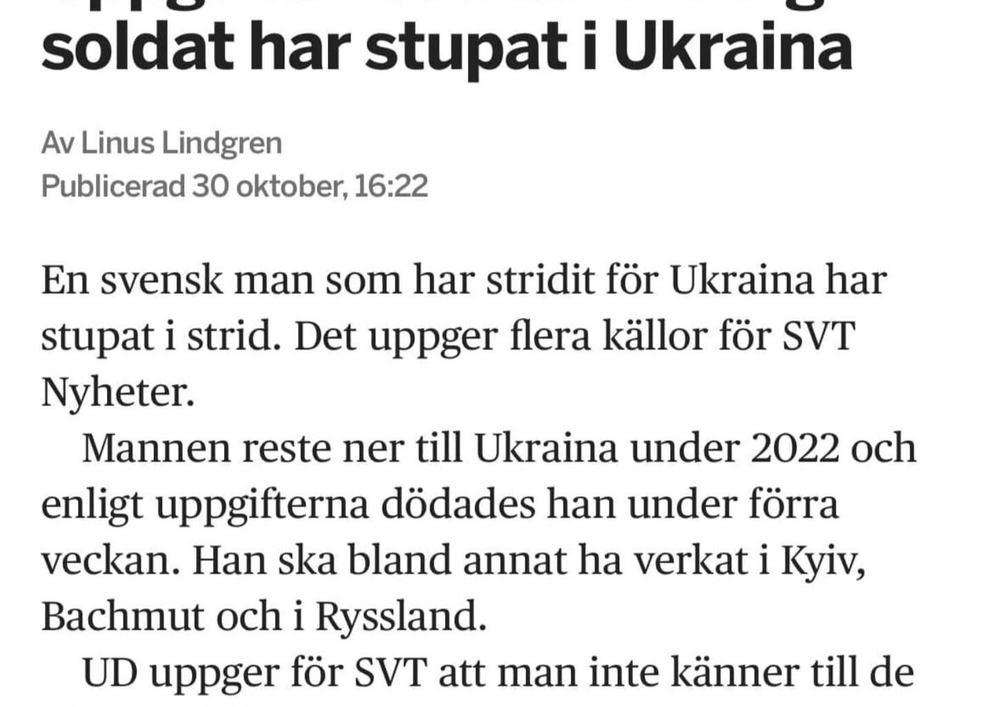 Ännu en Svensk som stupat i Ukraina. Detta är åttonde Svensken som har gett sitt liv för Ukraina och Europas frihet. Basker av.