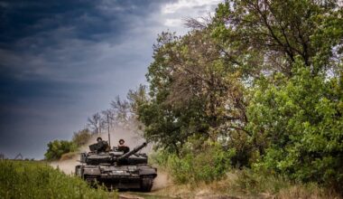 T-64BV 'mod.2022' main battle tank (MBT) from the (53rd Mechanized Brigade named after Volodymyr Monomakh) of the Ukrainian Army - driving through the countryside.