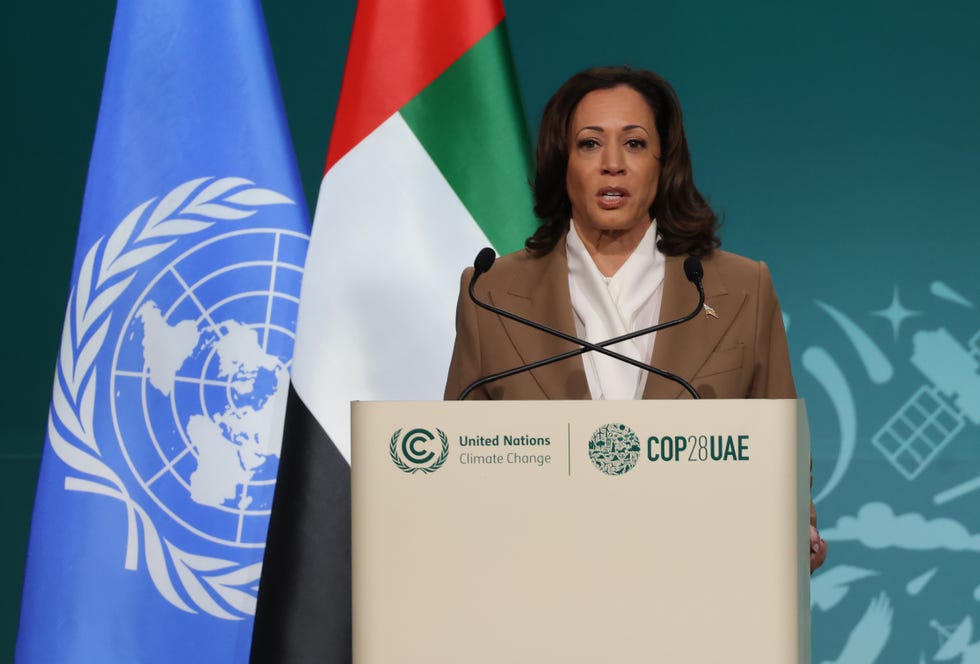 dubai, united arab emirates december 02 kamala harris, vice president of the united states of america, speaks during day two of the high level segment of the unfccc cop28 climate conference at expo city dubai on december 02, 2023 in dubai, united arab emirates the cop28, which is running from november 30 through december 12, brings together stakeholders, including international heads of state and other leaders, scientists, environmentalists, indigenous peoples representatives, activists and others to discuss and agree on the implementation of global measures towards mitigating the effects of climate change photo by sean gallupgetty images