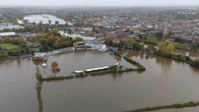 An aerial view showing a flooded New Road Cricket ground in Worcester, home of Worcestershire CCC. Flood warnings remained in place across the UK on Monday after Storm Ashley made its presence felt. Picture date: Monday October 21, 2024. 