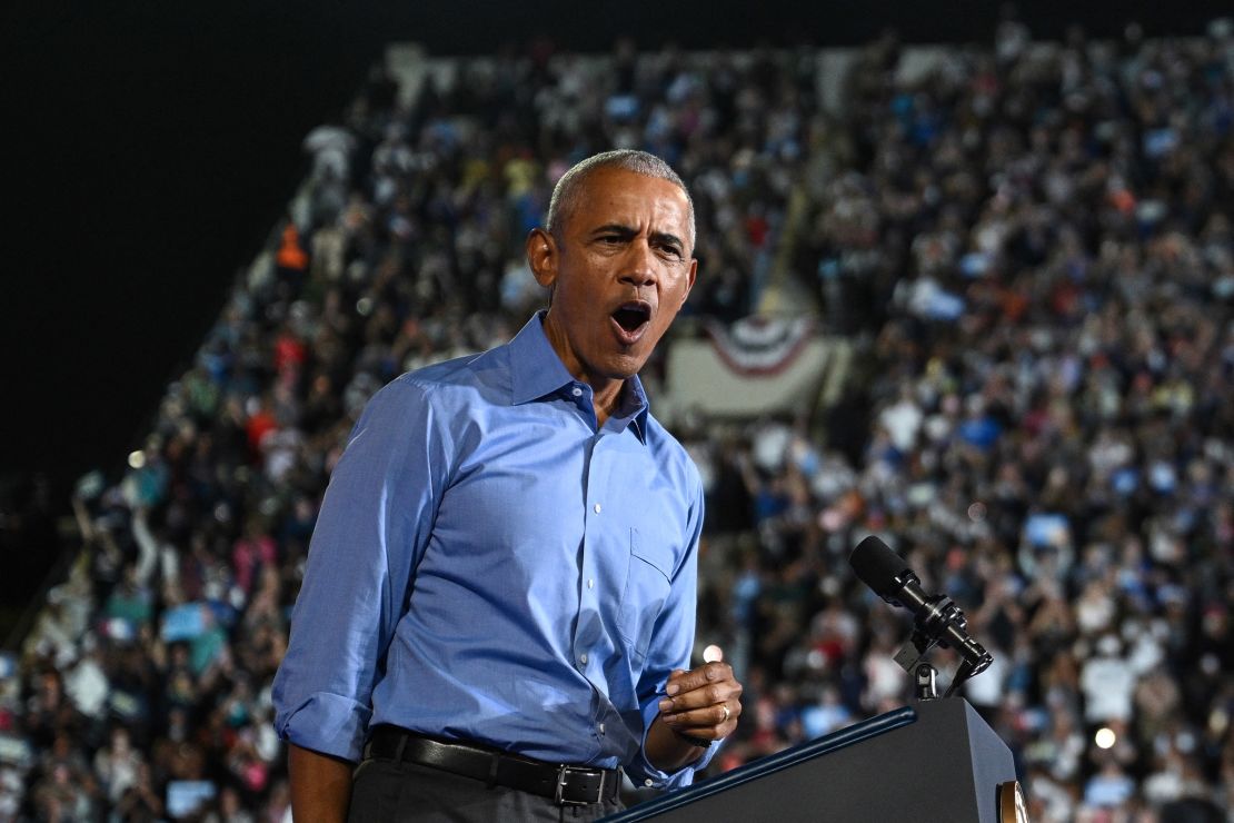 Obama speaks at the campaign rally in Clarkston, Georgia, on October 24, 2024.