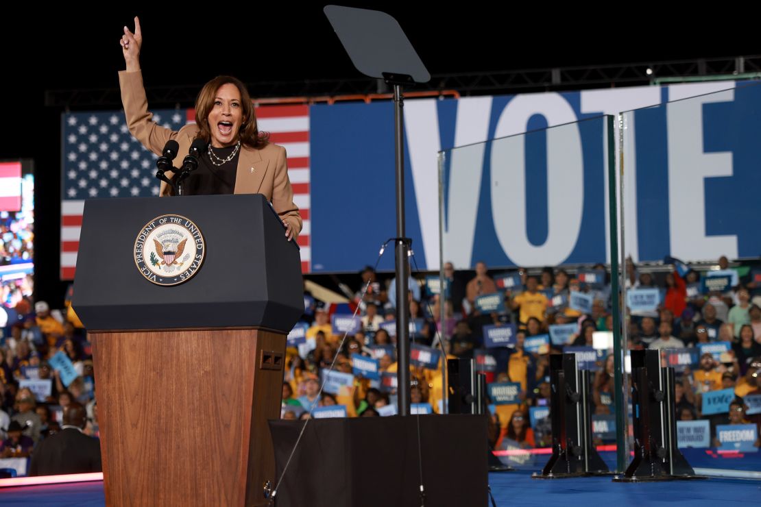 Harris speaks at the campaign rally in Clarkston, Georgia, on October 24, 2024.