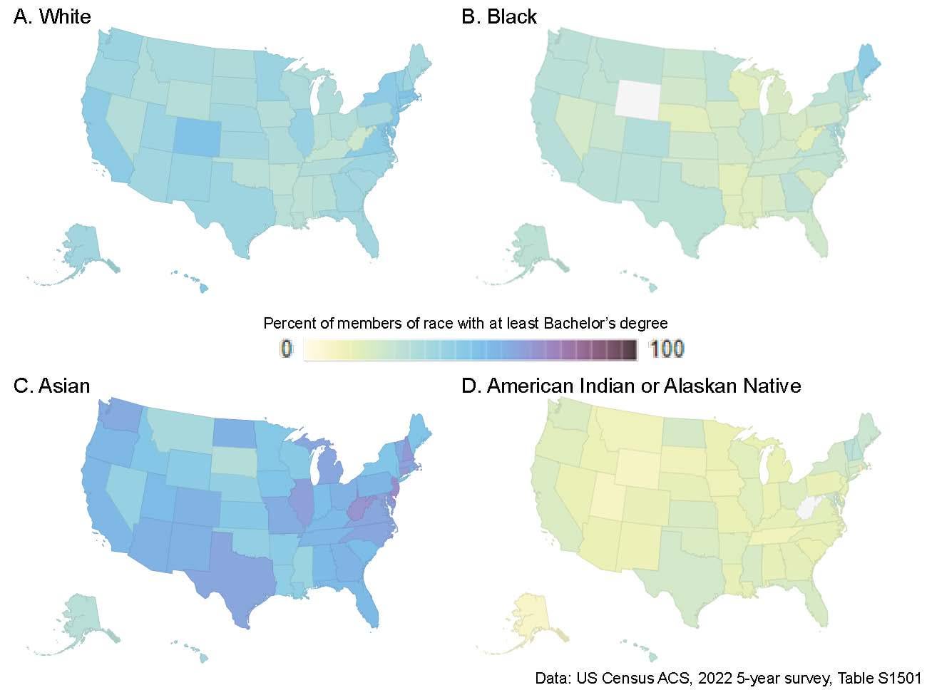 Frequency of Bachelor's Degrees by State in USA for Four Races [OC], GoogleVis DataCharts