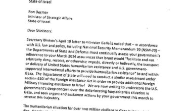 "Secretary of State Blinken & Secretary of Defense Austin sent a letter on Monday to Israel demanding it takes steps within 30 days to improve the humanitarian situation in Gaza in order to avoid consequences in U.S. law for U.S. milirary aid to Israel. See letter here"