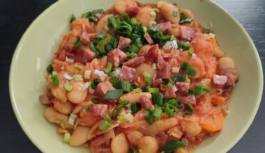 Slovenian Jota (stewed beans with pork jowl and sauerkraut) and a little soy-lemon broccoli