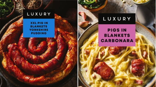 Iceland's pigs in blankets range includes an XXL pig in blanket in a giant yorkshire pudding (left) and pigs in blankets carbonara (right)