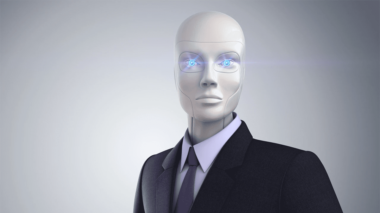 An AI robot in a suit