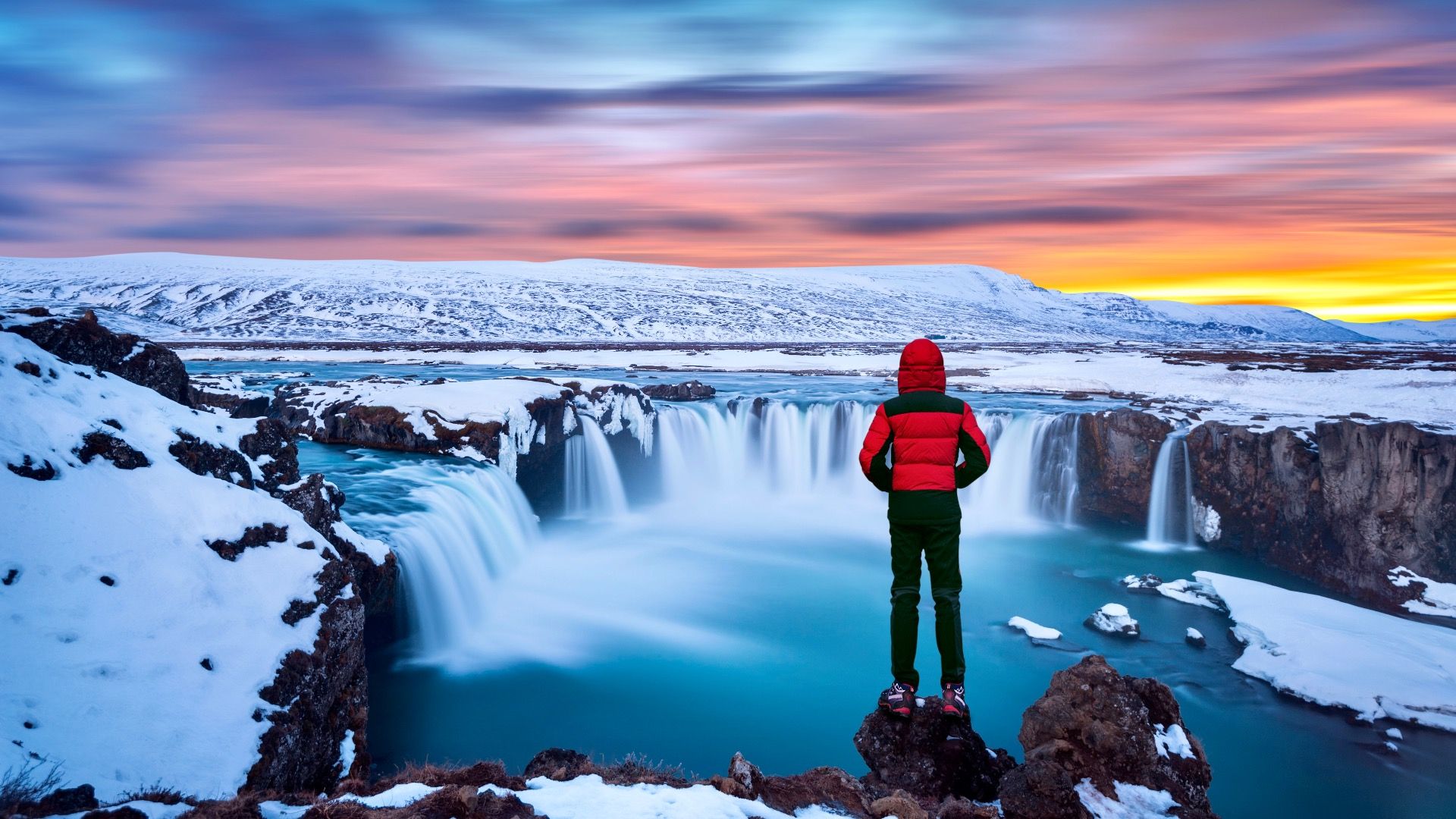 Godafoss waterfall at sunset in winter, Iceland.