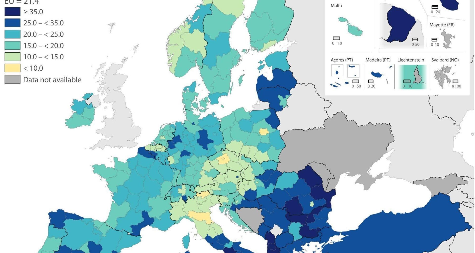 População em risco de pobreza ou exclusão social na Europa segundo o Eurostat