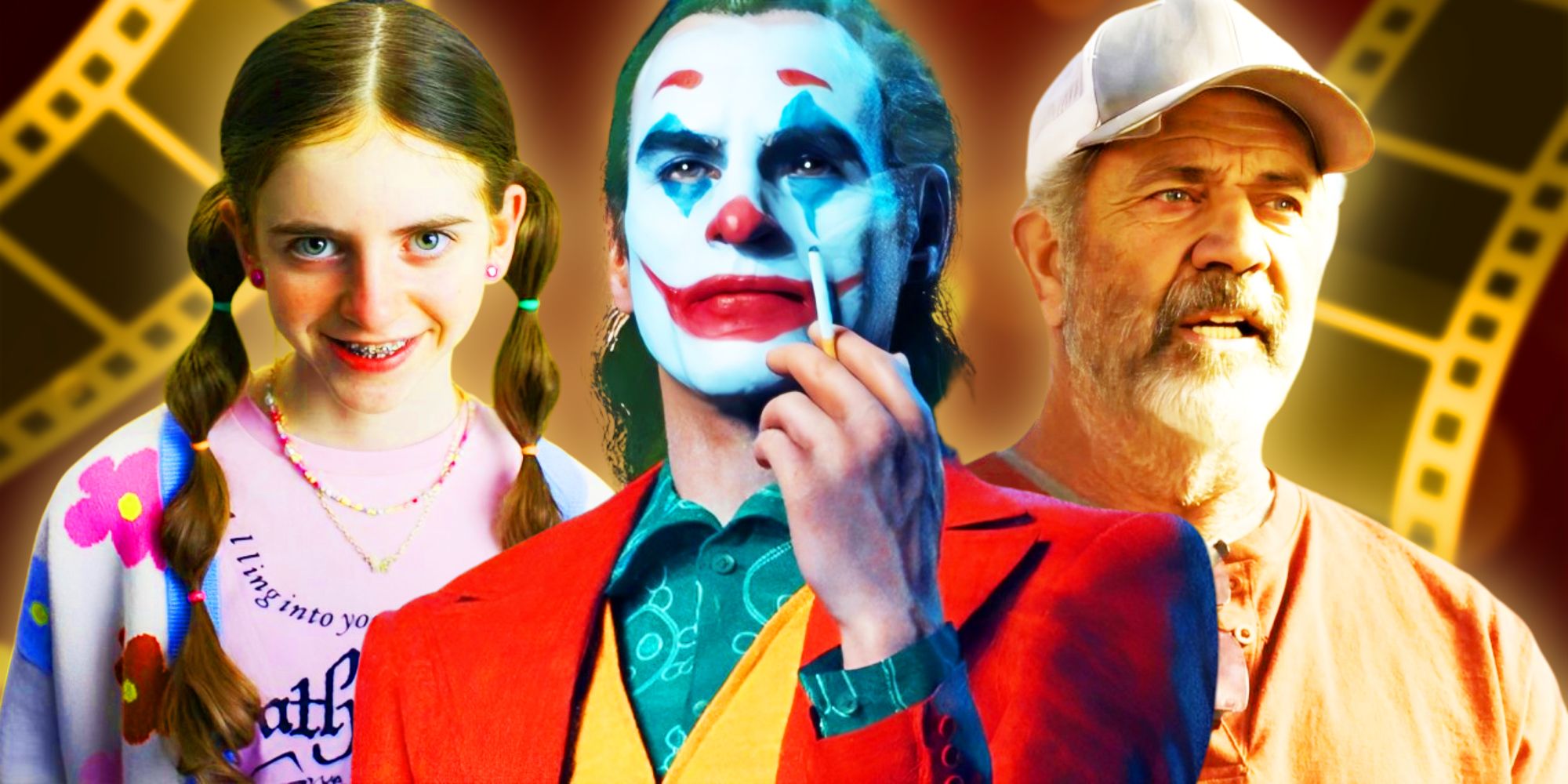 A child in Smile 2, Joaquin Phoenix as Joker in Joker Folie a Deux, and Mel Gibson in Monster Summer