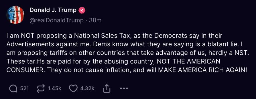 We are two weeks away from electing someone who adamantly does not understand tariffs. He legit would have been bullied in my high school econ class for being this persistently stupid. Pretty neat how he can impose them without congress, right?