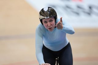 Iana Burlakova (Individual Neutral Athlete) blows a kiss to the crowd after winning the women's 500m Time Trial world title