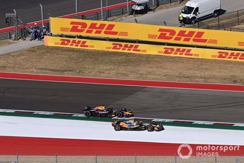 Lando Norris, McLaren MCL38, battles with Max Verstappen, Red Bull Racing RB20 