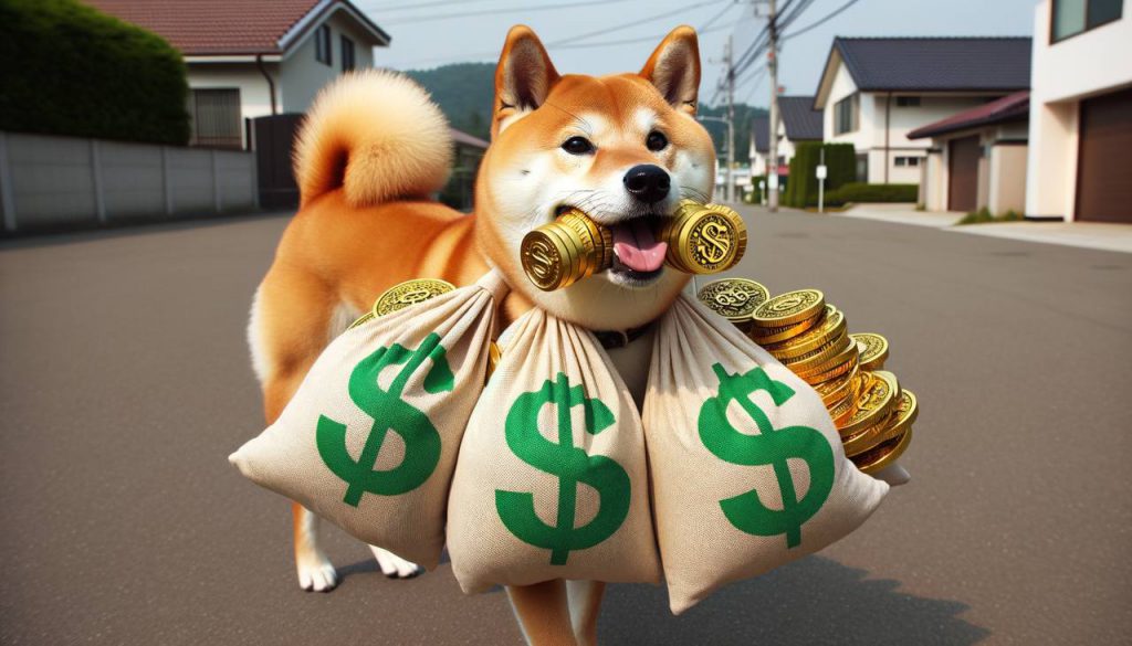 Shiba Inu carrying bags of money