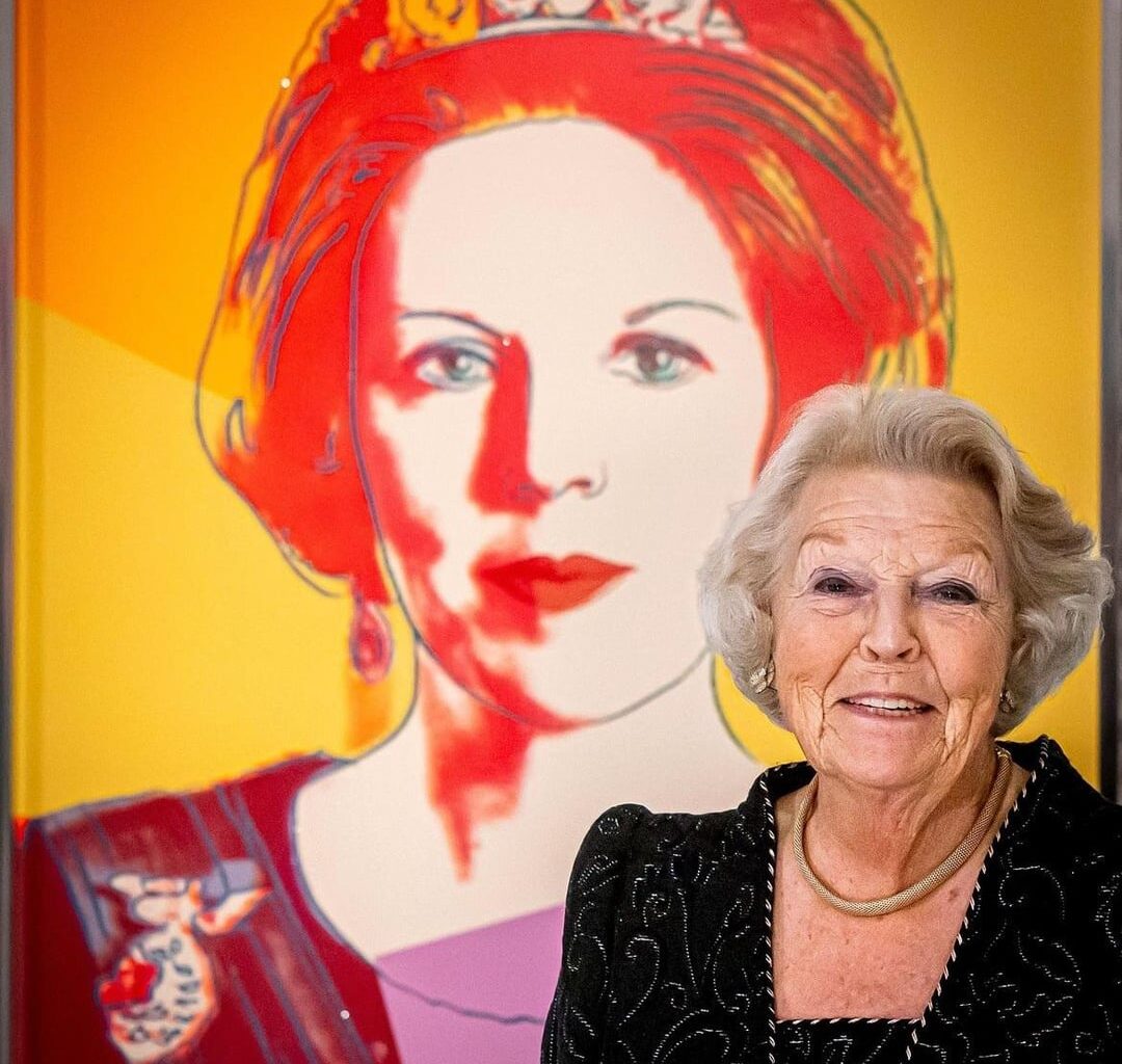 Queen Beatrix Of The Netherlands with her portrait by Andy Warhol