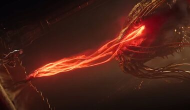 A dragon emits orange-red strands of electricity