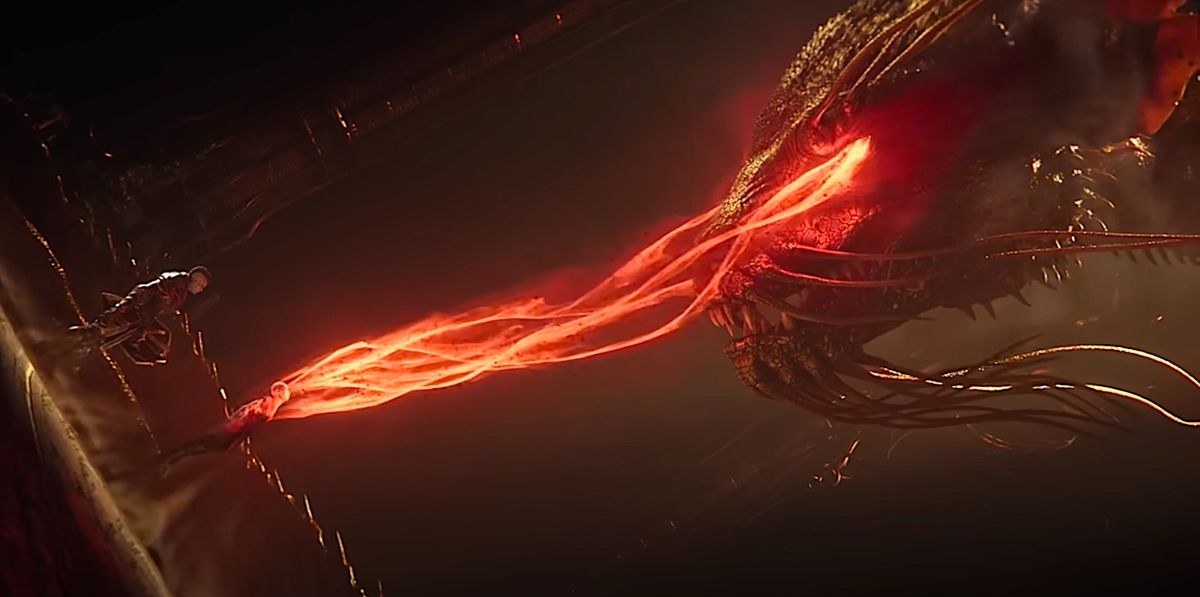 A dragon emits orange-red strands of electricity