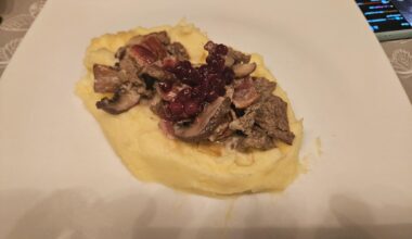 Finnbiff - reindeer in a bacon + mushroom cream sauce, served with mashed potatoes and lingonberry jam