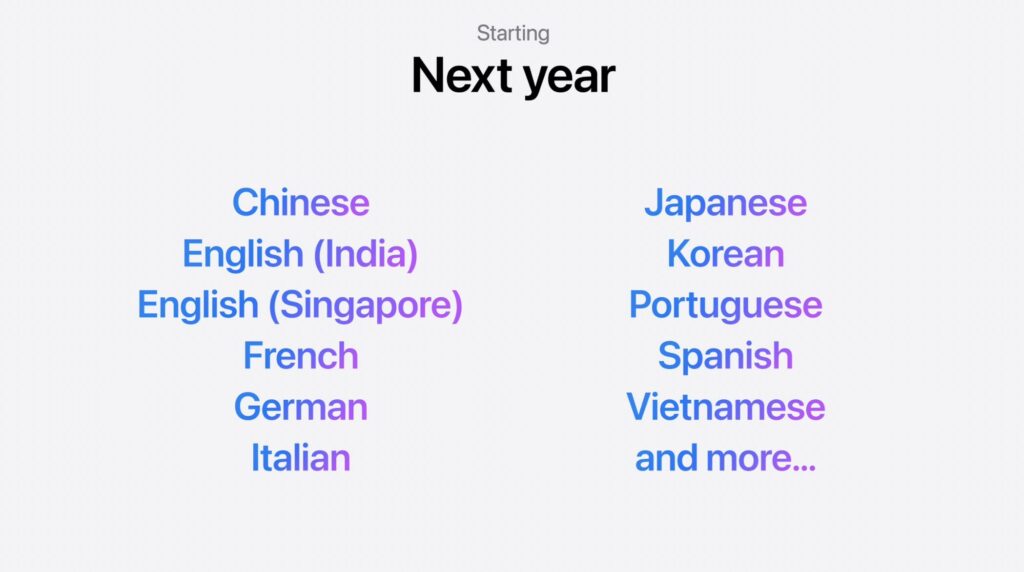 Les langues supportées par Apple Intelligence en 2025. // Source : Capture Numerama