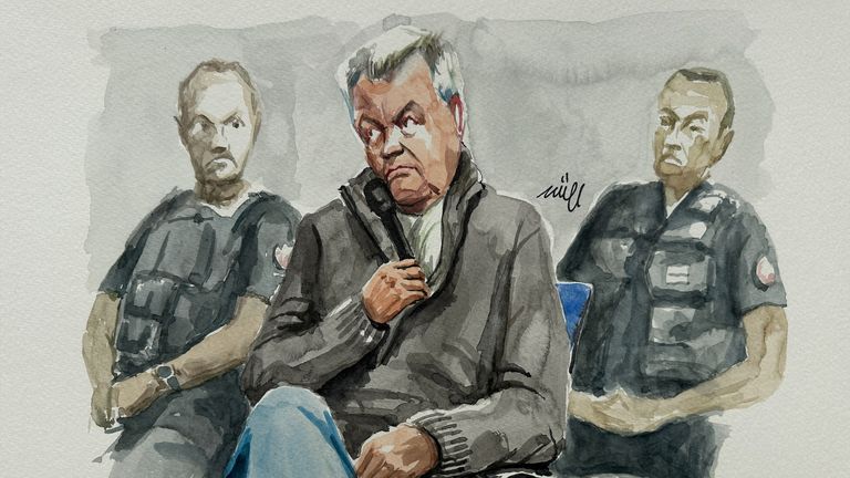 A court sketch of Dominique Pelicot during his trila.