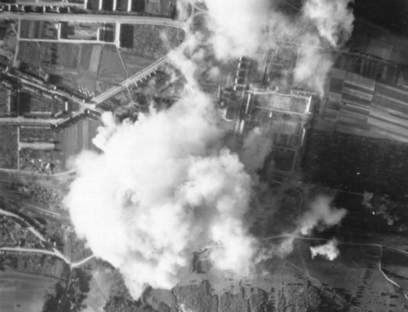 View of an attack by U.S. Army Air Force aircraft on the "Neue Horn-Kaserne" barracks in Trier, Germany, 7 October 1944