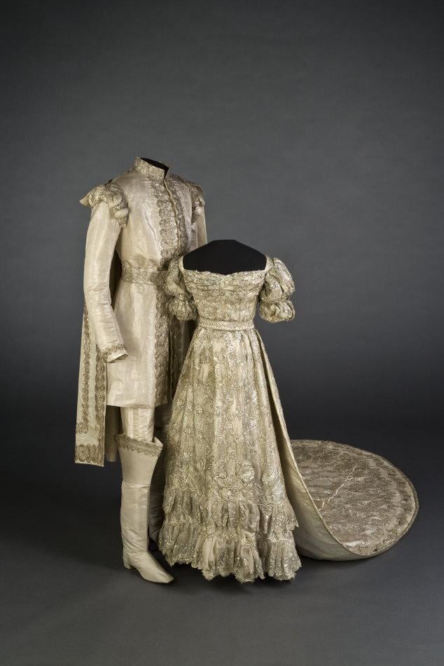 Marital outfits worn by King Oscar I and Queen Josefina of Sweden on the occasion of their royal wedding in 1823.