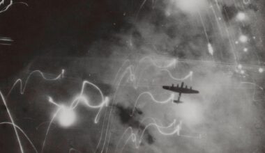 Avro Lancaster bomber during a night raid over Hamburg in early 1943