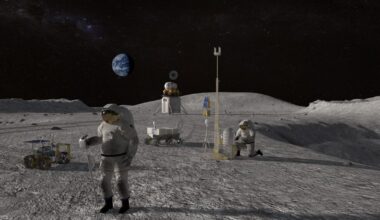 illustration of two astronauts in white spacesuits working on the moon, with earth in the background