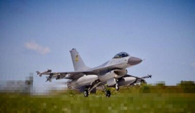 F-16AM Fighting Falcon multirole fighter jet, from the Ukrainian Air Force - taking off, armed with four AIM-9L/M Sidewinders.