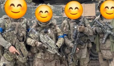 Ukrainian Army soldiers with FN F2000 and Colt M4A1 assault rifles, and an M2 Bradley infantry fighting vehicle (IFV) - in the Kursk Oblast.