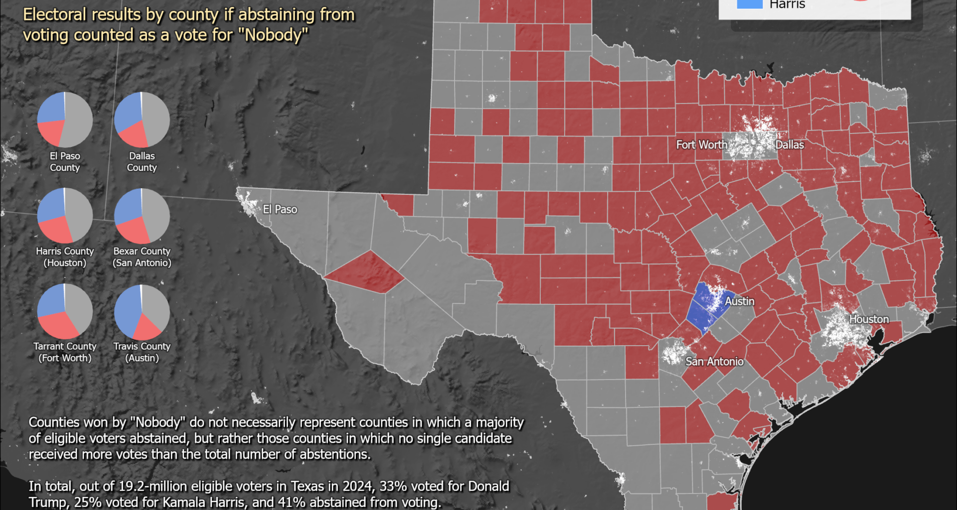 State of Apathy 2024: Texas - Electoral results if abstaining from voting counted as a vote for "Nobody" [OC]