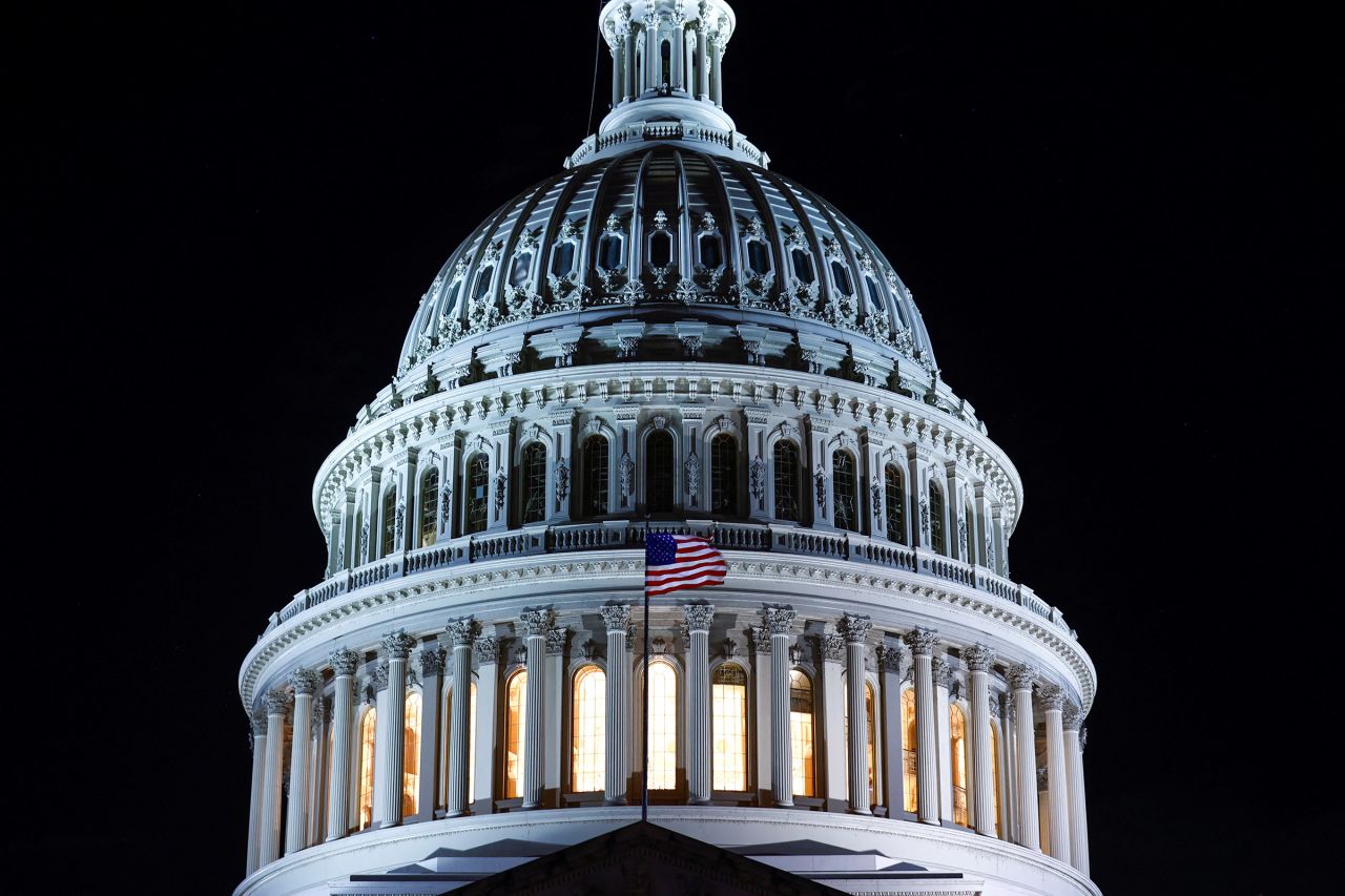 The US Capitol is seen on the night of October 9, 2023.