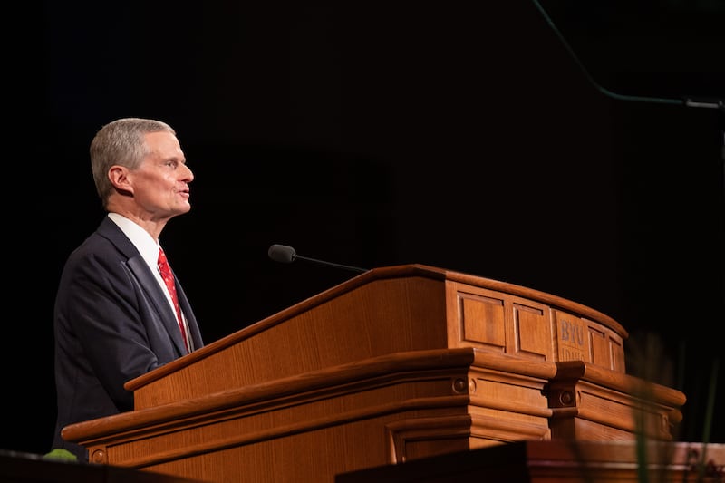 Elder David A. Bednar of the Quorum of the Twelve Apostles speaks during a worldwide devotional for young adults held at Brigham Young University–Idaho on Sunday, Nov. 3, 2024.