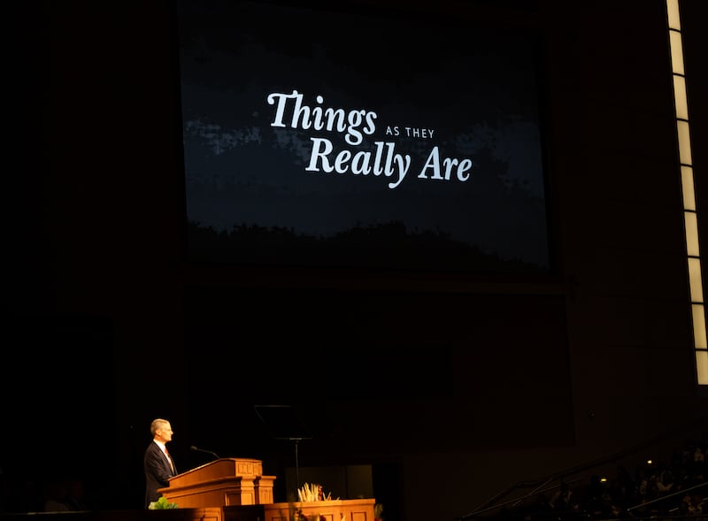 Elder David A. Bednar of the Quorum of the Twelve Apostles speaks during a worldwide devotional for young adults held at Brigham Young University–Idaho on Sunday, Nov. 3, 2024.