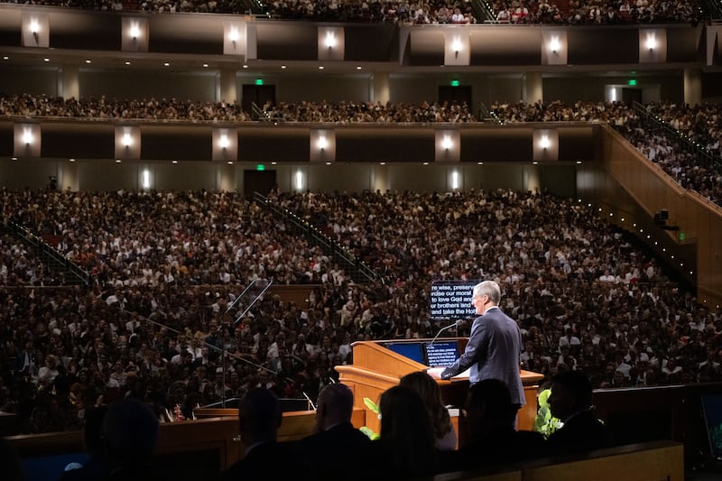 Elder David A. Bednar of the Quorum of the Twelve Apostles speaks during a worldwide devotional for young adults held at Brigham Young University–Idaho on Sunday, Nov. 3, 2024.