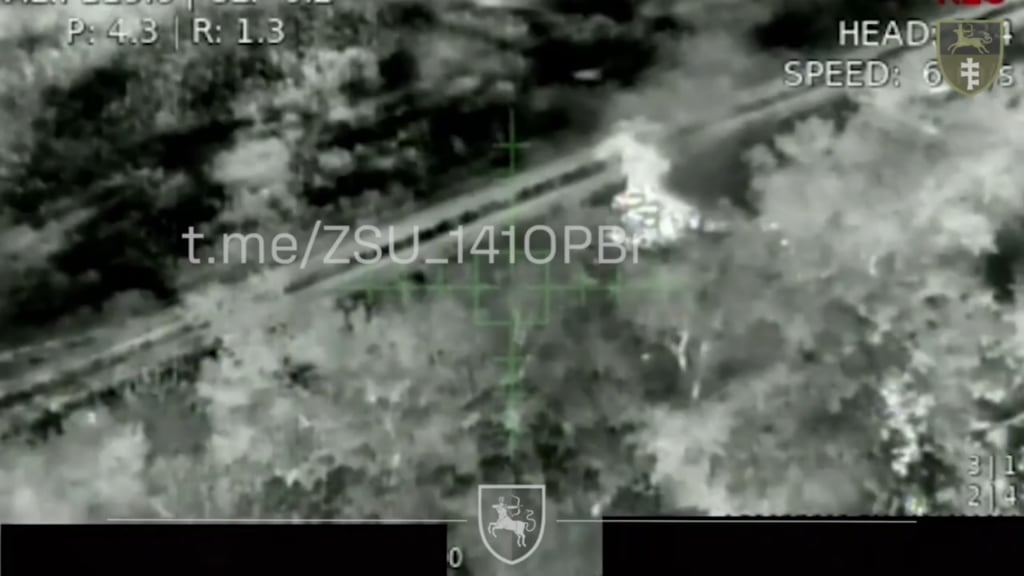 A Ukrainian "Baba Yaga" night bomber drone drops an explosive on a Russian field ammo storage which starts burning and ends in a big detonation, 141st Infantry Brigade [posted 30.10.2024]