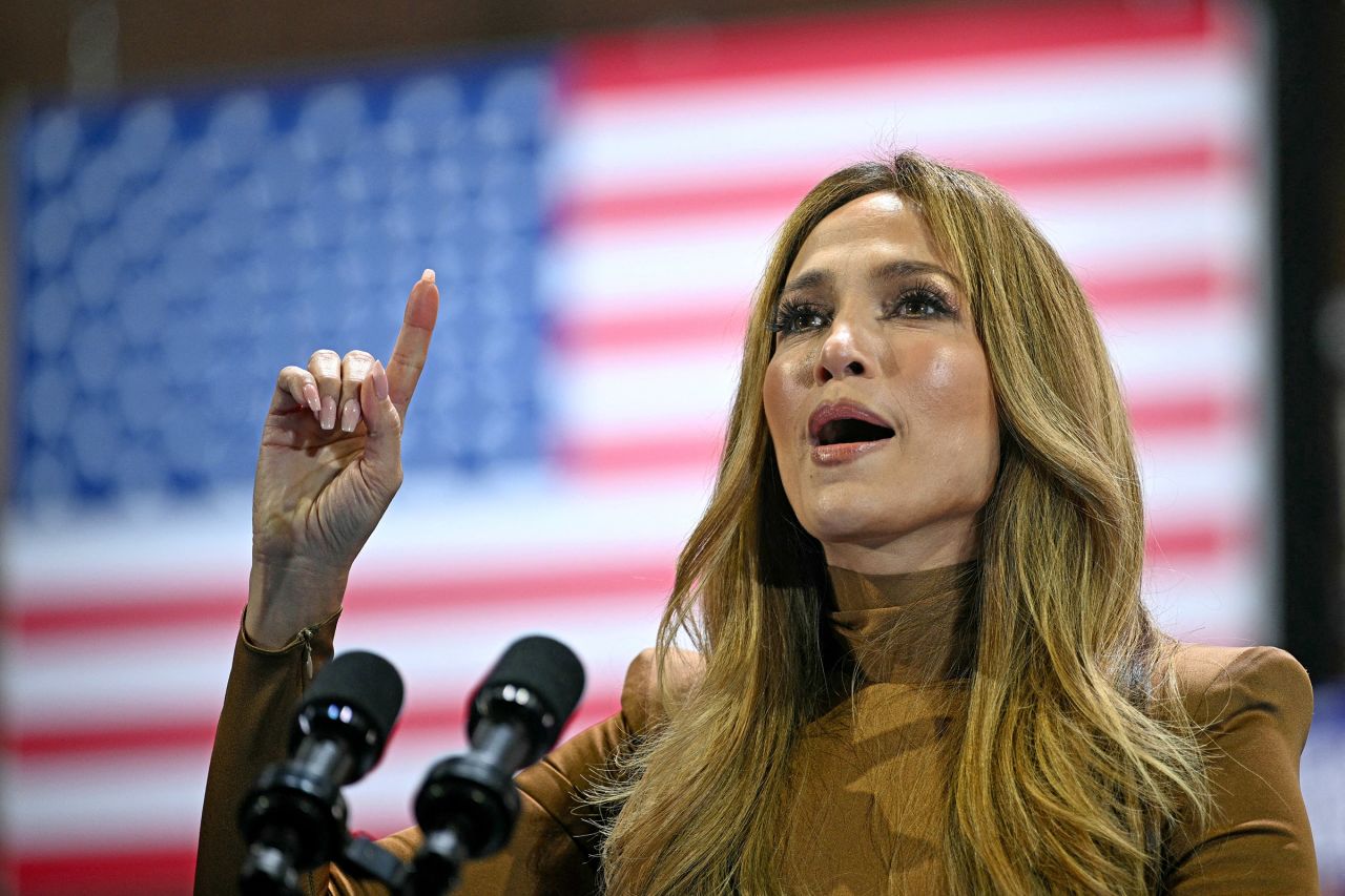 Singer Jennifer Lopez speaks during a campaign rally for Vice President Kamala Harris at the Craig Ranch Amphitheater in Las Vegas, Nevada, on October 31, 2024.